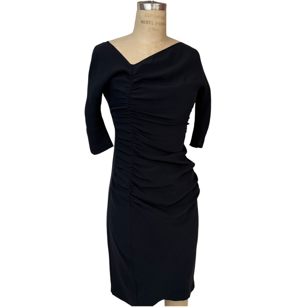 Morgane Le Fay Dress Size S Navy Blue 100% Silk Ruched Asymmetrical Neckline